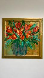 Tulpen in vaas goud groen oranje 1 x 1 meter in lijst, Ophalen