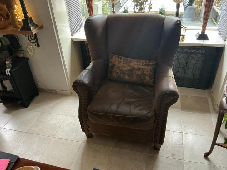 Riviera Maison Lederen Oorfauteuil - Weg wegens verhuizing, Huis en Inrichting, Fauteuils, Gebruikt, Leer, 75 tot 100 cm, Ophalen of Verzenden