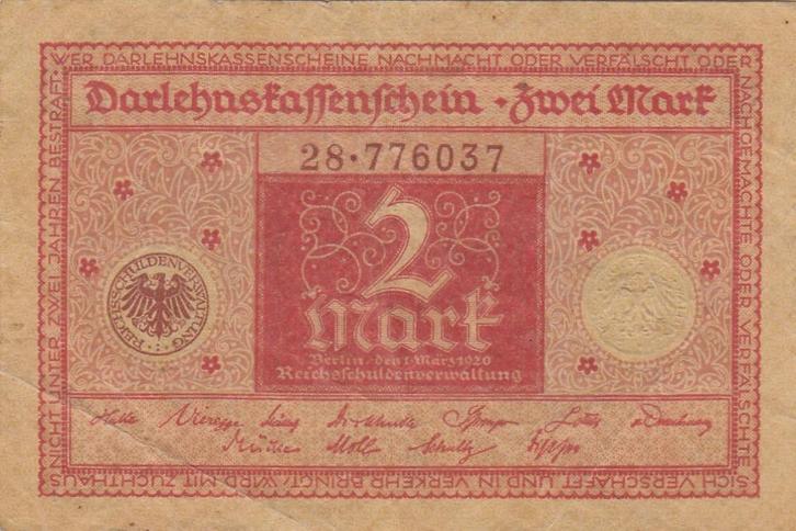 Duitsland- 2 Mark 1.3.1920 biljet 28-776037 -P#59, Postzegels en Munten, Bankbiljetten | Europa | Niet-Eurobiljetten, Duitsland
