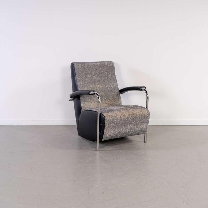 2x Leolux Scylla Fauteuil Hoog + Hocker Grijs Gemêleerd Stof, Huis en Inrichting, Fauteuils, Zo goed als nieuw, Leer, Metaal, Stof