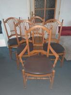Te koop, 5 antiek oud grenen stoel met bruin lederen zitting, Huis en Inrichting, Vijf, Zes of meer stoelen, Gebruikt, Hout, Bruin