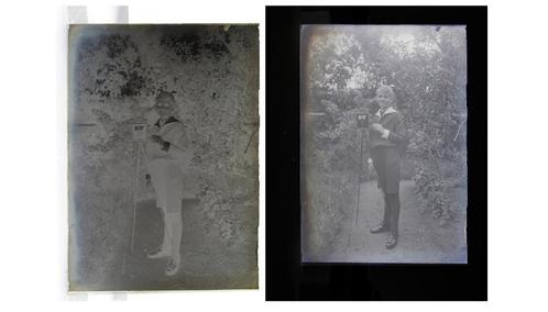 Glasnegatief ca 1920 jongen met klapcamera. Formaat 13x18cm, Verzamelen, Foto's en Prenten, Gebruikt, Foto, Kind, Voor 1940, Verzenden
