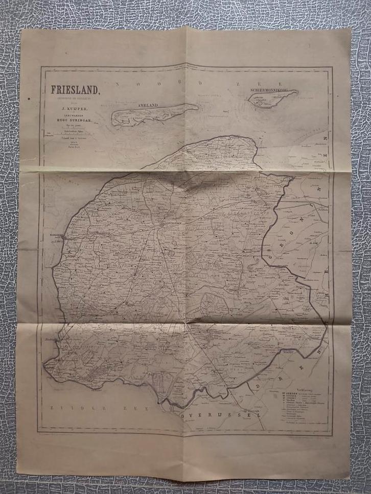 Oude kaart van Friesland uit 1869 J. Kuijper Hugo Suringar, Boeken, Atlassen en Landkaarten, Gelezen, Landkaart, Nederland, 1800 tot 2000