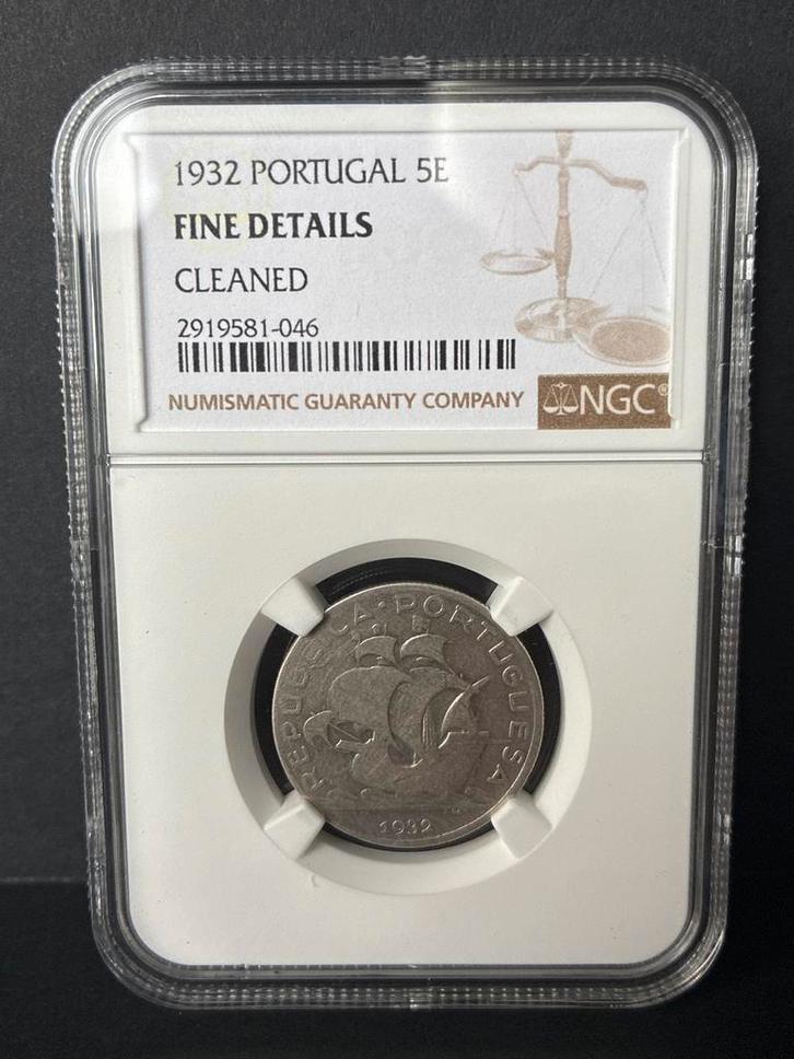 1932 Portugal 5 Escudos - NGC Fine Details - Gereinigd, Postzegels en Munten, Munten | Afrika, Losse munt, Overige landen, Zilver