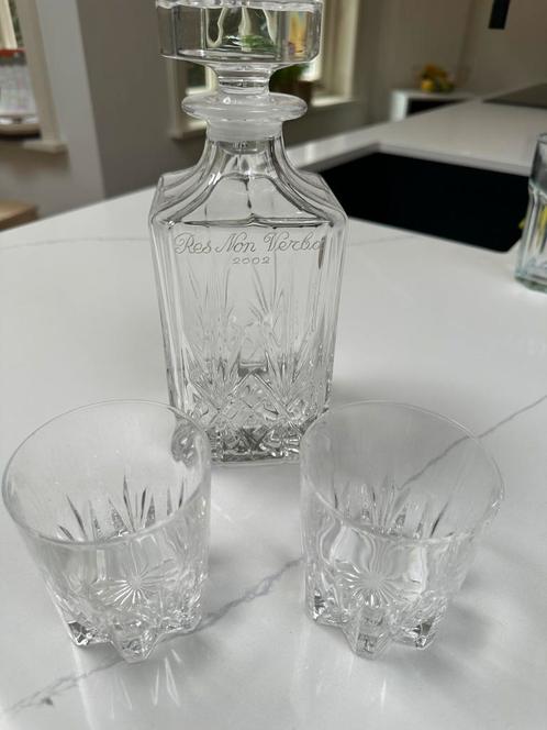 Kristallen Whiskey Karaf met Glazen - Res Non Verba 2002, Antiek en Kunst, Antiek | Glas en Kristal, Ophalen of Verzenden