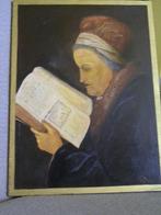 Retro Schilderij van een lezende vrouw op een houten paneel, Minder dan 50 cm, Minder dan 50 cm, Schilderij, Ophalen of Verzenden