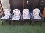 4 Tuinstoelen met kussens - Ophalen, Stof, Tuin, Gebruikt, Zwart