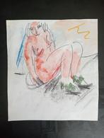 Krijt tekening zittend naakt, Antiek en Kunst, Kunst | Tekeningen en Foto's, Verzenden