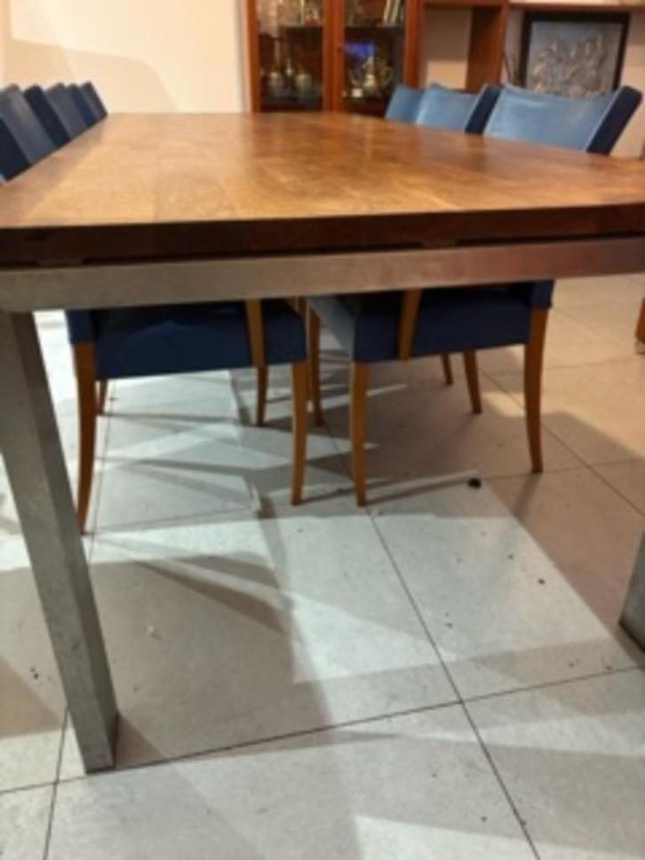 massief walnoten eettafel metalen onderstel, Huis en Inrichting, Tafels | Eettafels, Gebruikt, 50 tot 100 cm, 200 cm of meer, Rechthoekig