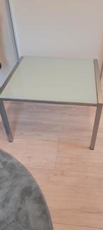 Design tafel met glasplaat en RVS look frame, Ophalen, Gebruikt, 50 tot 100 cm, Vierkant