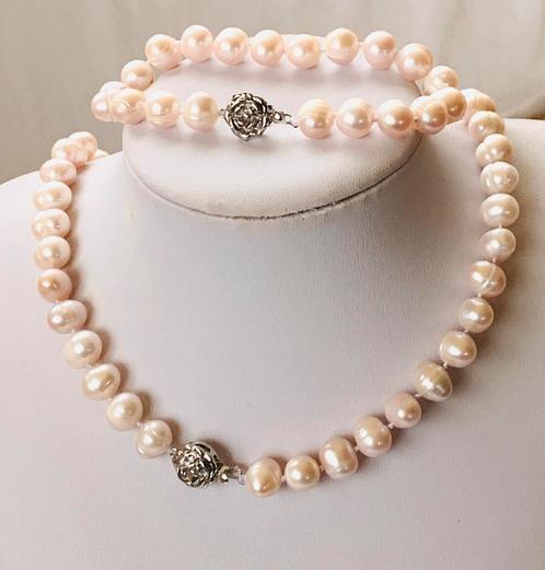 Parelketting + Armband, Pastel Roze Parels Roosjesslot 14K, Sieraden, Tassen en Uiterlijk, Kettingen, Nieuw, Roze, Ophalen of Verzenden