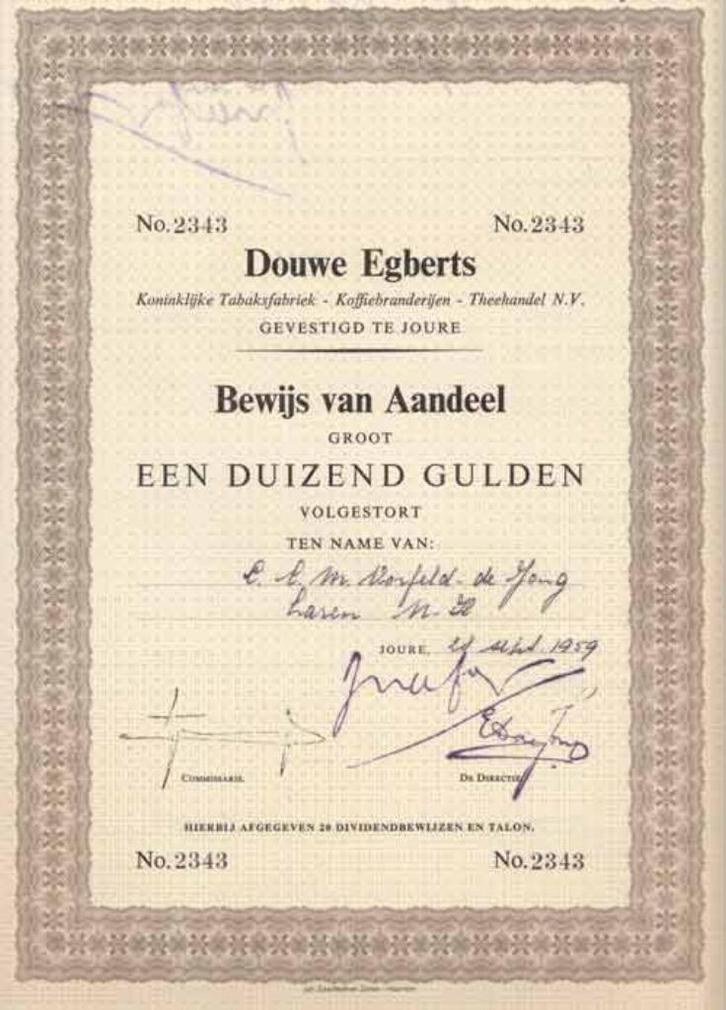 Douwe Egberts aandeel, Postzegels en Munten, Aandelen en Waardepapieren, Aandeel, 1950 tot 1970, Ophalen of Verzenden