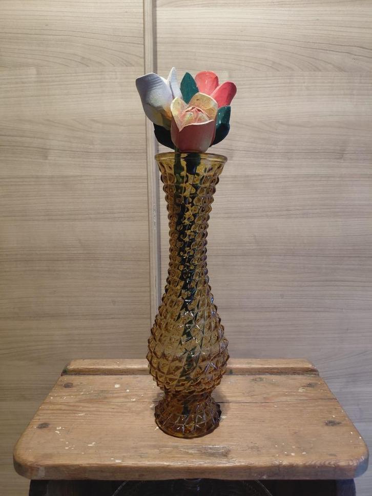 Vintage amberkleurige Empoli vaas in geometrisch persglas, Antiek en Kunst, Antiek | Glas en Kristal, Ophalen of Verzenden