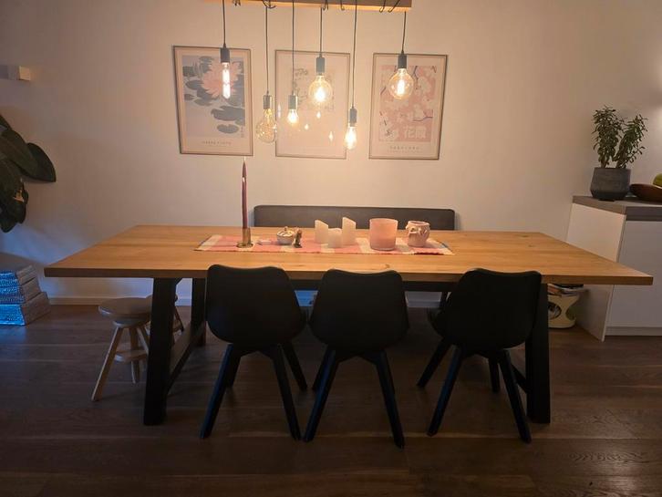 Massief eiken eettafel – 2,60 x 1,00 m-zwart stalen on, Huis en Inrichting, Tafels | Eettafels, Zo goed als nieuw, 50 tot 100 cm