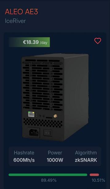 Iceriver AE3, Aleo crypto miner $18 dollar per dag  beschikbaar voor biedingen