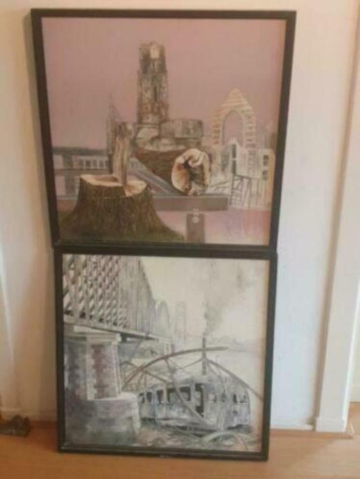 2 schilderijen Dirk de Boer Rotterdam Laurenskerk spoorbrug, Antiek en Kunst, Kunst | Schilderijen | Modern, Ophalen