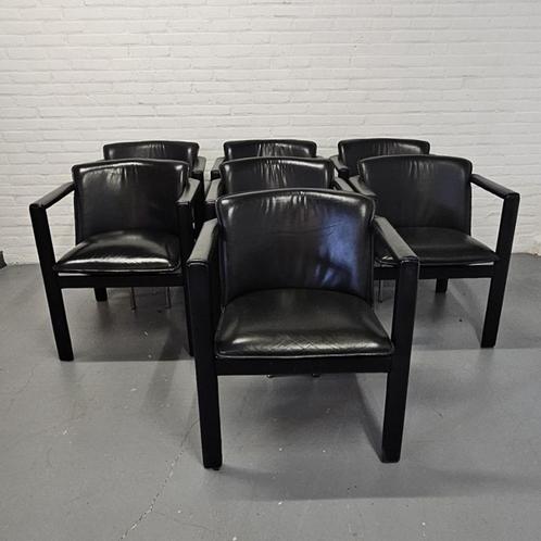 set van 7 Leolux Cachucha lederen fauteuil, Hugo de Ruiter, Huis en Inrichting, Stoelen, Gebruikt, Eén, Leer, Metaal, Zwart, Ophalen