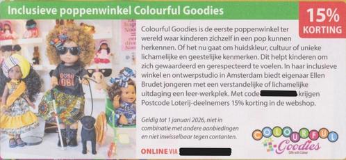 Colourful Goodies poppenwinkel. 15% korting. Postcode bon., Tickets en Kaartjes, Kortingen en Cadeaubonnen, Eén persoon, Warenhuis- of Winkelbon