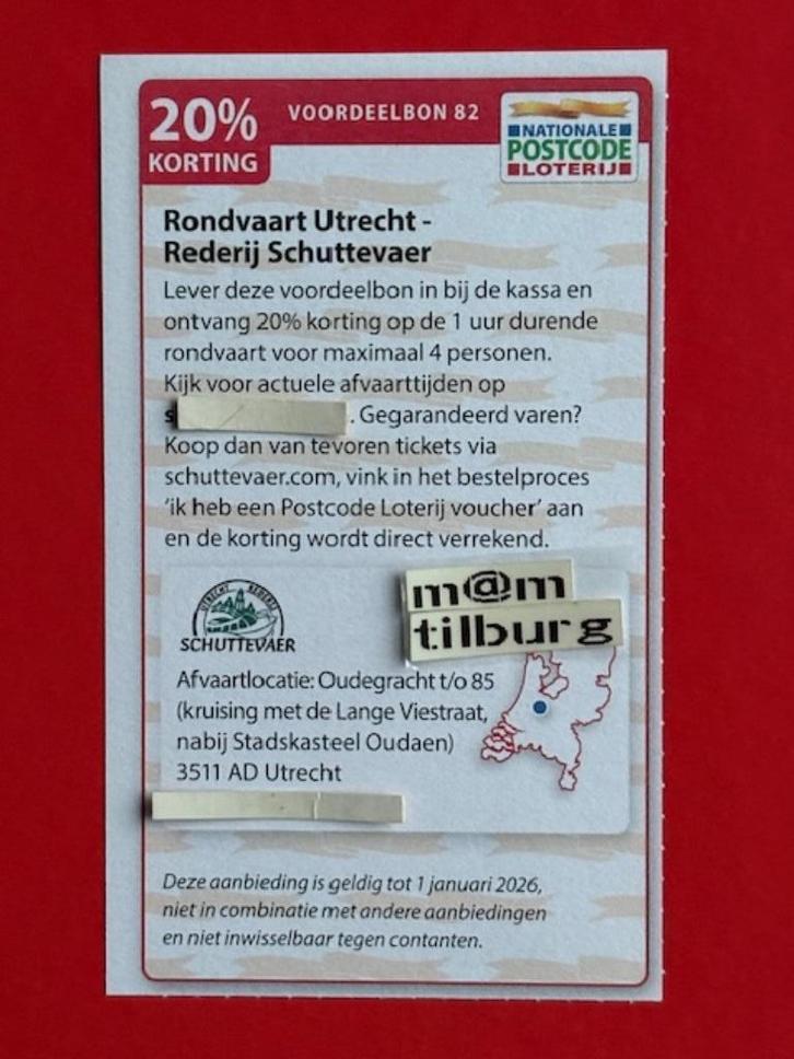 (82) Rondvaart Utrecht - Rederij Schuttevaer 20% korting., Tickets en Kaartjes, Kortingen en Cadeaubonnen, Drie personen of meer