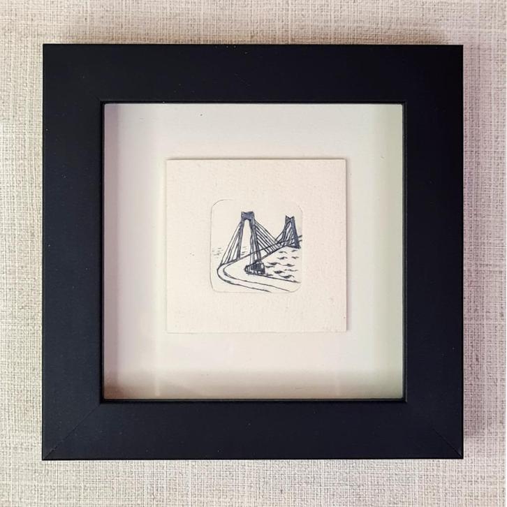 Etsje van de Willemsbrug, Rotterdam met 3D lijstje 10x10 cm, Huis en Inrichting, Woonaccessoires | Schilderijen, Tekeningen en Foto's