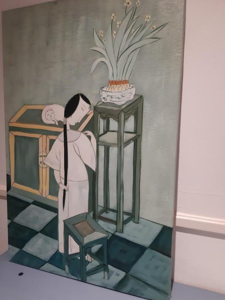 Schilderij met voorstelling van een vrouw met kat in Azie, Antiek en Kunst, Kunst | Schilderijen | Klassiek, Ophalen