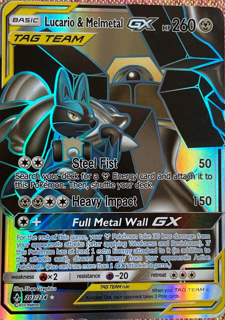 Lucario & Melmetal GX Pokemonkaart, Hobby en Vrije tijd, Verzamelkaartspellen | Pokémon, Zo goed als nieuw, Losse kaart, Foil