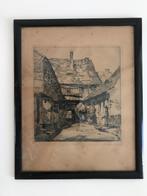 Oude zwart/wit pentekening van woning met rieten dak en pomp, Ophalen of Verzenden