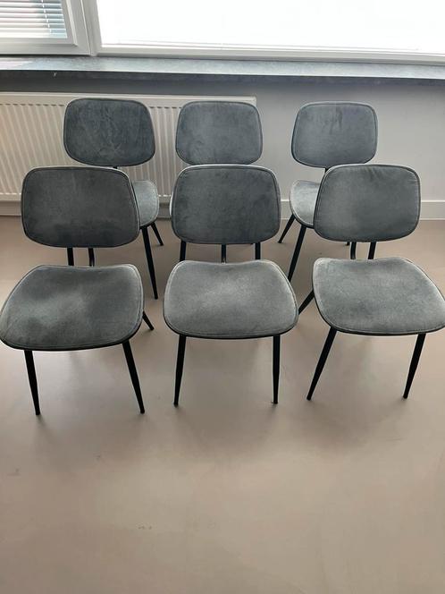 6 comfortabele eetkamerstoelen – grijs fluweel, zwarte poten, Huis en Inrichting, Stoelen, Gebruikt, Vijf, Zes of meer stoelen