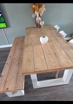 Steigerhouten eettafel met zitbank + 6 stoelen., Ophalen, Gebruikt, Rechthoekig, Hout