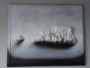 Pinguin / schilderij met reliëf in grijstinten. Pinquins beschikbaar voor biedingen