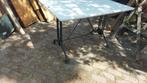Tuintafel IZGST hardhout blad metalen onderstel tuin terras, Ophalen, Gebruikt, Rechthoekig, Hout