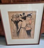 Brocante grote oude Franse prent tekening 46 bij 40 cm, Antiek en Kunst, Ophalen