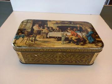 Oud koekblik met huiselijk plaatje  beschikbaar voor biedingen