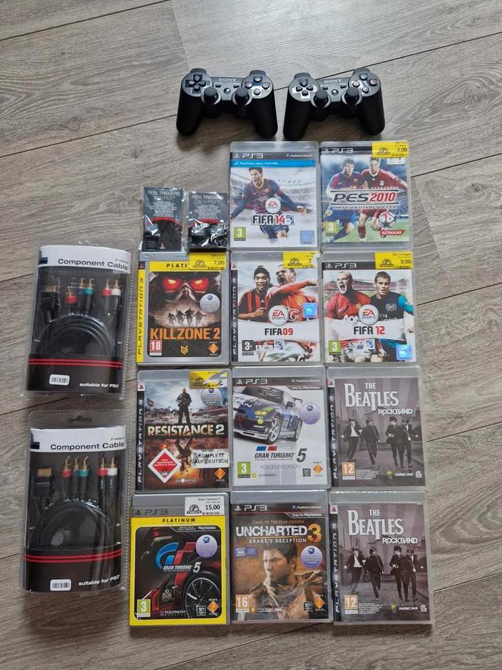 PS3 Controllers + 13 Games + Kabels, Spelcomputers en Games, Spelcomputers | Sony PlayStation 3, Zo goed als nieuw, Met 2 controllers