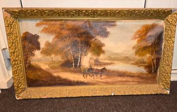 Gesigneerd oud olieverf schilderij landschap met bomen ; de  beschikbaar voor biedingen