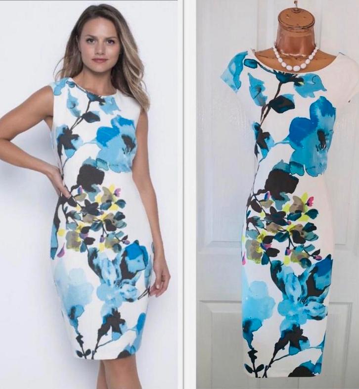 Frank Lyman elegante jurk wit blauw tinten boothals 36/38, Kleding | Dames, Jurken, Nieuw, Maat 36 (S), Overige kleuren, Onder de knie