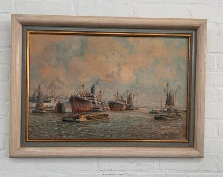 Schilderij van J Van Reyn haven gezicht rotterdam., Antiek en Kunst, Kunst | Schilderijen | Klassiek, Ophalen of Verzenden