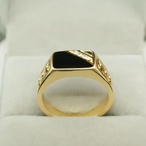 18K Gouden Vergulde Ring met Zwarte Onyx & Zirkoon | Maat 8, Sieraden, Tassen en Uiterlijk, Ringen, Nieuw, Dame of Heer, 18 tot 19