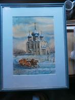 Mooie Russische ?? Aquarel Kerkje, Paarden i/d Sneeuw, Antiek en Kunst, Ophalen of Verzenden