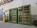 XL Vintage Houten Vitrinekast Groen | Grote Vitrine Kast, Antiek Retro Vintage Brocante Landelijk, 200 cm of meer, 150 tot 200 cm