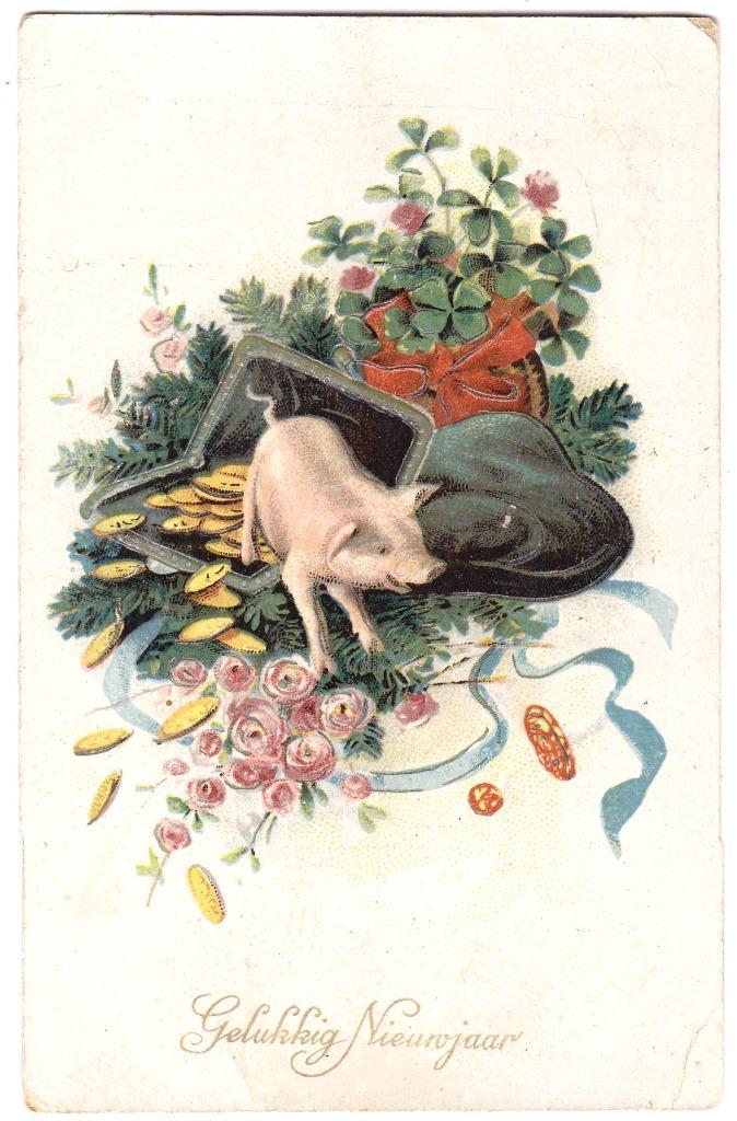 Kaart jaren 20 - Varken Varkens Nieuwjaar Tas Geld Klavertje, Verzamelen, Ansichtkaarten | Themakaarten, Gelopen, 1920 tot 1940