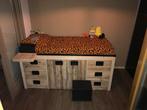 Super gaaf houten bed! Zelf gemaakt. Met grote lades en hut, Ophalen, Zo goed als nieuw, Hout