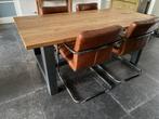 Eethoek eiken hout, met 4 lederen stoelen, Ophalen, Gebruikt, Eikenhout, 50 tot 100 cm