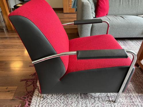 Stoel rood stof met antraciet grijze lederen afwerking, Huis en Inrichting, Stoelen, Zo goed als nieuw, Eén, Leer, Metaal, Stof