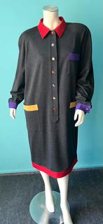 Vintage jaren 80 jurk Antraciet/gekleurd maat 50, Kleding | Dames, Verzenden, Jurk, Vintage, Grijs