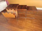 3 Vintage bijzettafeltjes leren lektuurtafel  jaren 60 teak, Ophalen, Minder dan 55 cm, Gebruikt, Rechthoekig