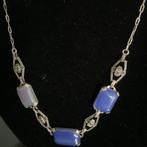 PRACHTIGE AUTHENTIEKE ART DECO COLLIER MET BLAUWE CALCEDOON, Ophalen of Verzenden, Zilver, Ketting, Met edelsteen