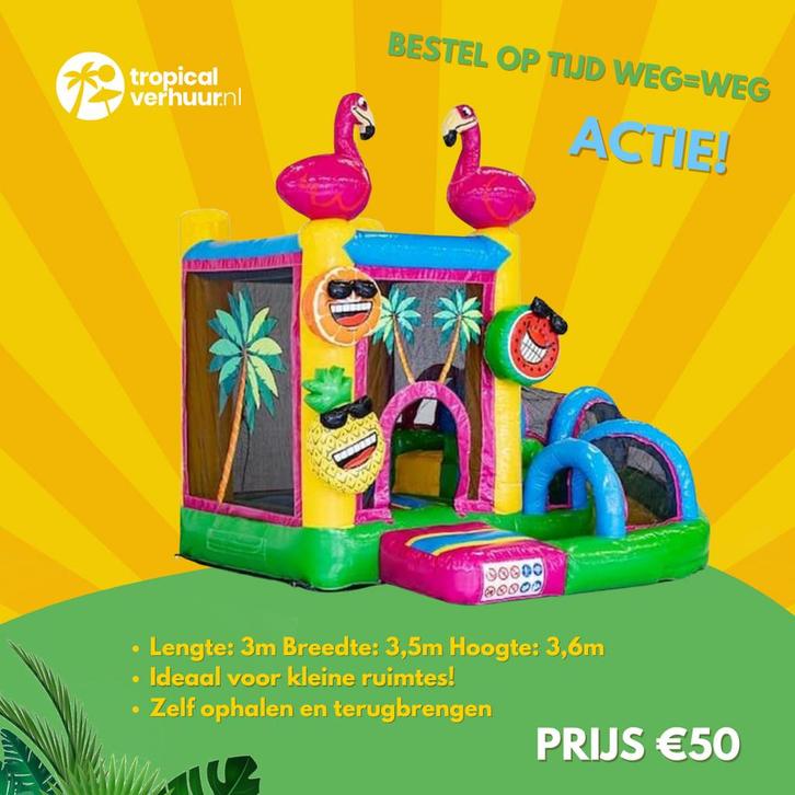 Mini met slide Flamingo Springkussen huren?, Hobby en Vrije tijd, Feestartikelen | Verhuur, Zo goed als nieuw, Ophalen