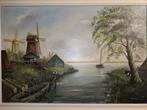 Olie schilderij "Wateraanzicht met molen" 70x100cm, Ophalen of Verzenden