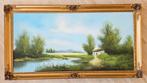 Olieverf van rivierlandschap in mooie oude lijst., Ophalen of Verzenden